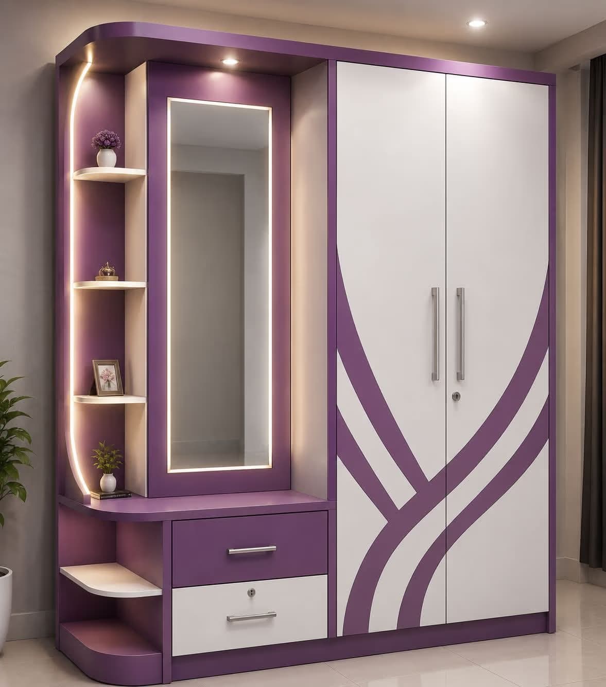Dressing unit and wardrobe design with mirror and lighting by MakeHouse in Ranchi, Jharkhand