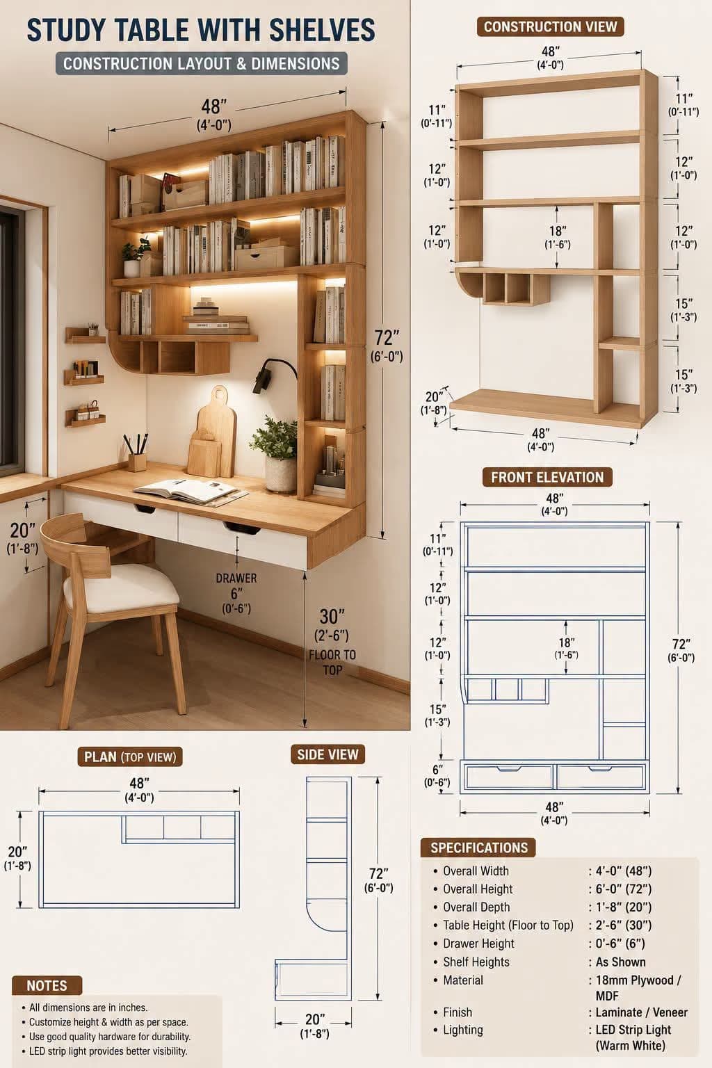 Study table with wall shelves design and dimensions by MakeHouse in Kanpur, Uttar Pradesh