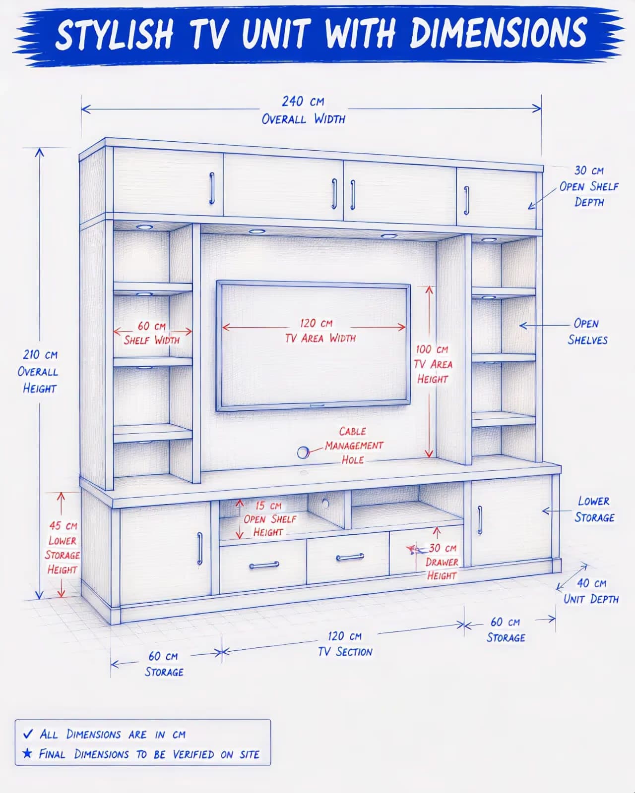 Stylish TV unit working drawing with dimensions by MakeHouse in Kanpur, Uttar Pradesh