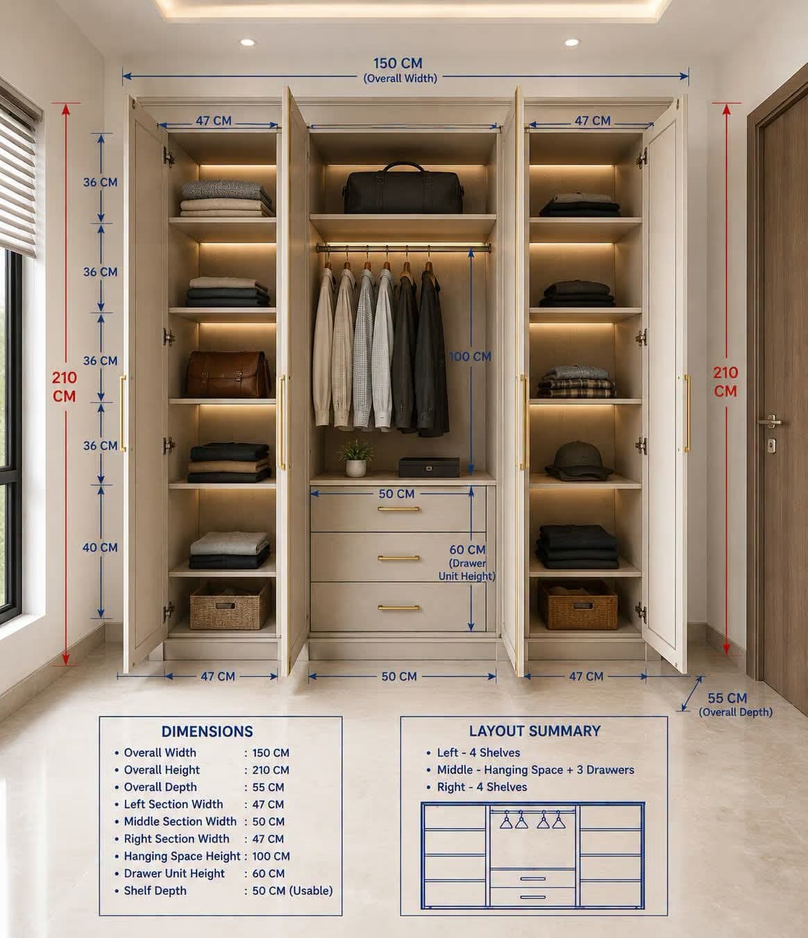 Walk-in wardrobe design with internal organisers and lighting by MakeHouse in Lucknow