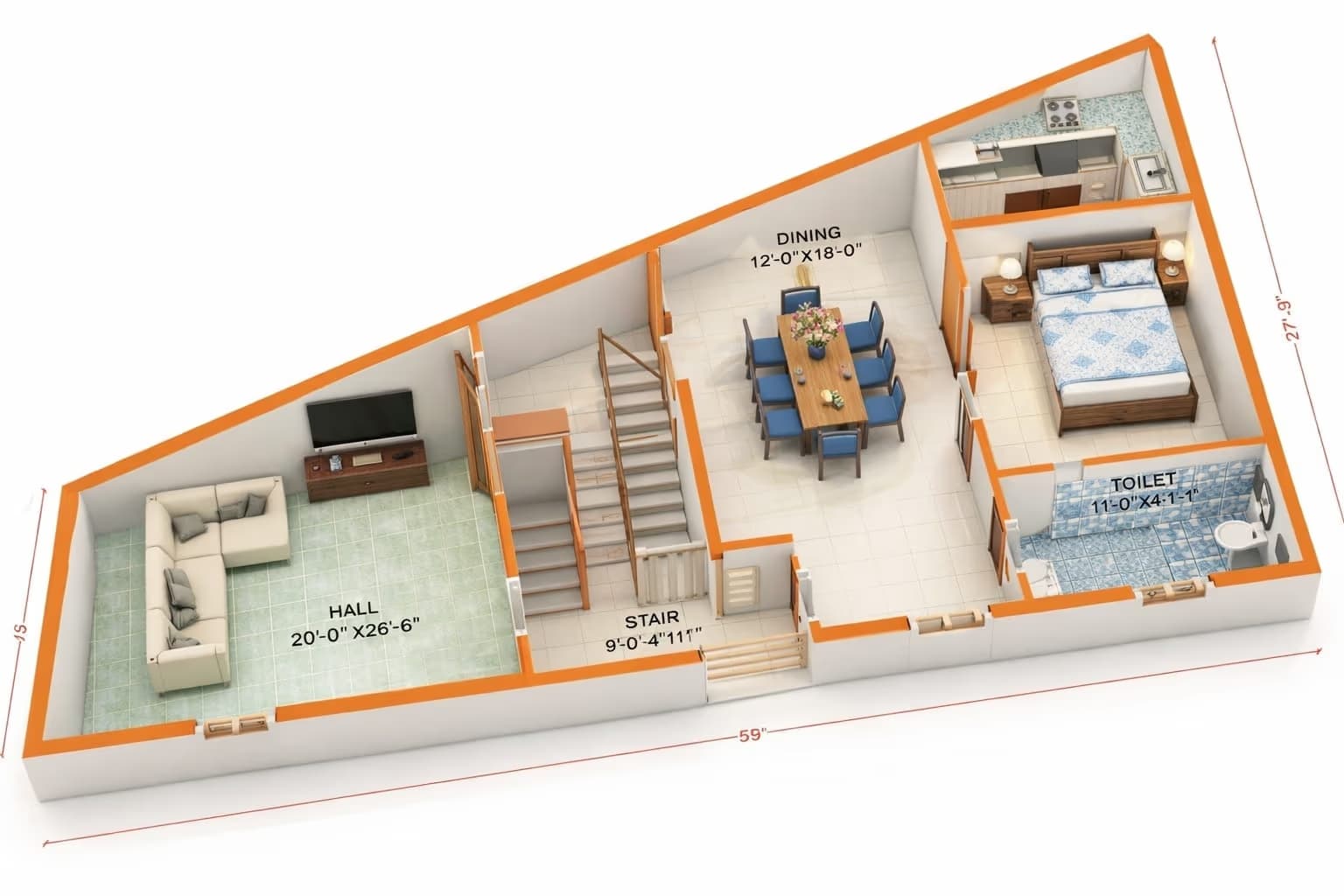 20x40 house plan (800 sq.ft.) 2 BHK layout design by MakeHouse